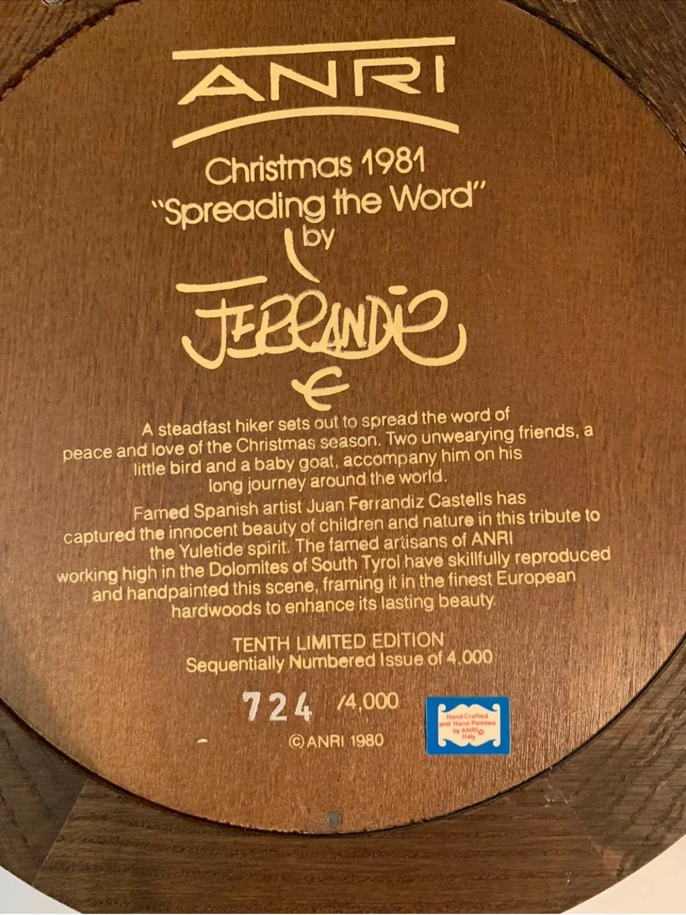 ANRI Christmas 1981 Spreading The Word Plate by J Ferrandiz 724/4000 Italy